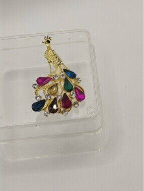 Multi-Colored Rhinestone And Glass Peacock Brooch Unbranded